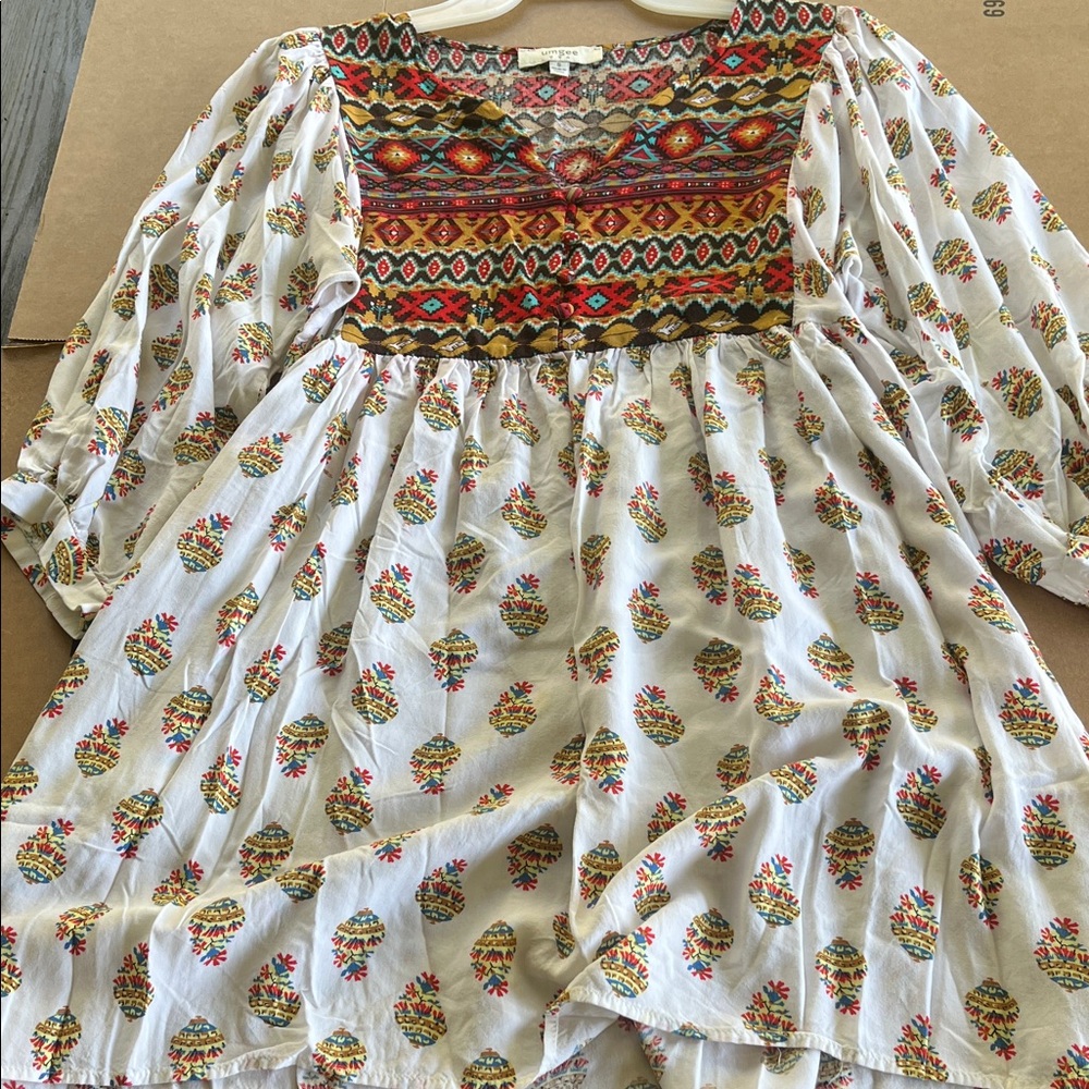 Umgee White Boho Embroidered Peasant Dress with Multicolor Yoke